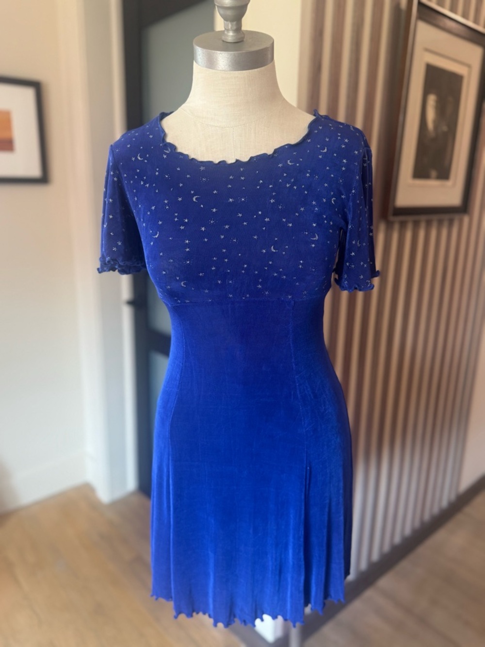 VTG Blue w/ Silver Star & Moon print Dress | Petite Size 2 | Party Dress